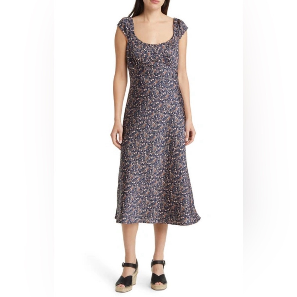 TREASURE BOND Midi Floral Cap Sleeve  Navy Feminine Milk Maid Romantic Dress S